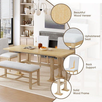 Natural Solid Wood Extendable Dining Set with Bench Seating - 6 Piece