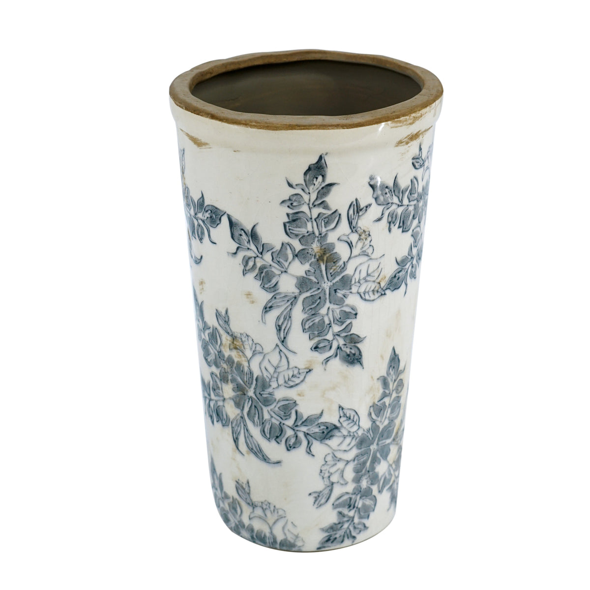 Ceramic Flower Vase with Wide Mouth - Distressed White & Black
