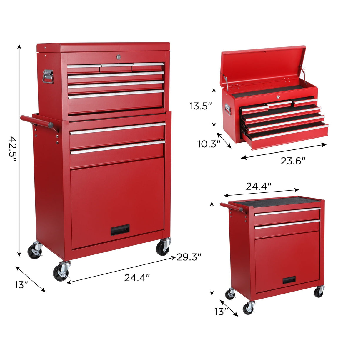 8 Drawer Rolling Tool Chest with Detachable Top Box and Lockable Wheels - Red or Light Blue