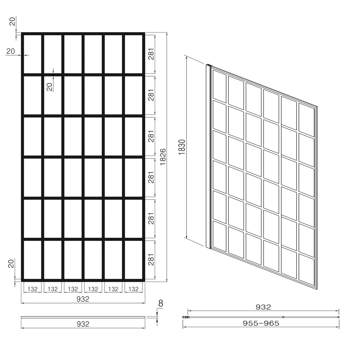 Frameless Fixed Shower Door with Open Entry Design – Matte Black