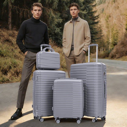 4-Piece Polypropylene Luggage Set with Spinner Wheels and Cosmetic Case - Light Gray