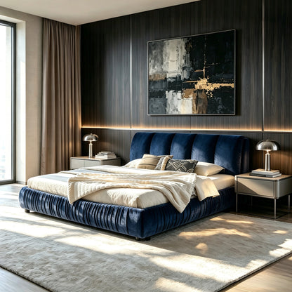 King Size Upholstered Bed Frame with Segmented Sponge Headboard - Dark Blue or Beige