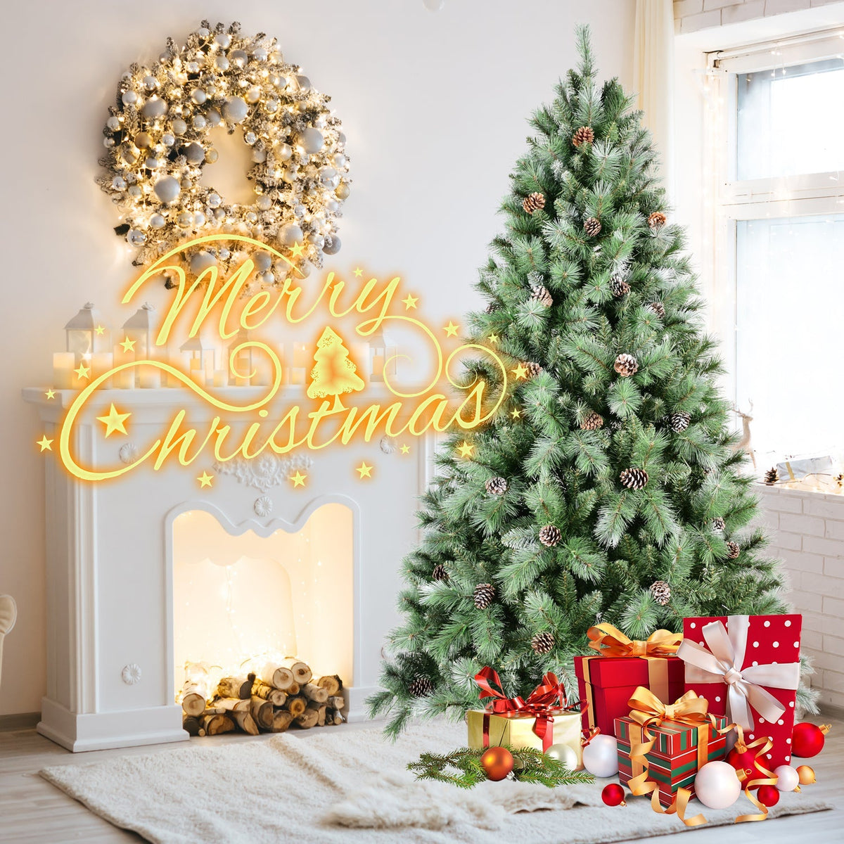 8 Ft Full-Bodied Pre-Decorated Pinecone Christmas Tree with Pine Cones - Green
