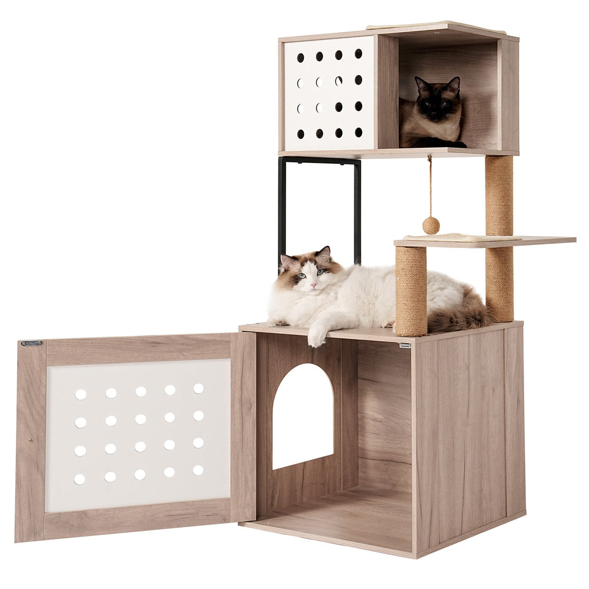 Cat Tree with Litter Box Enclosure and Large Hammock - Gray & White
