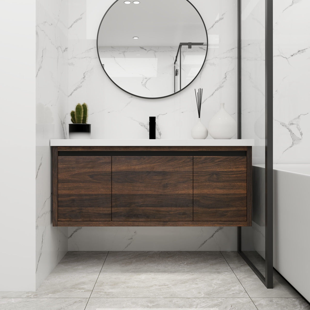 Floating Bathroom Vanity with Resin Sink and Soft-Close Doors - Wood