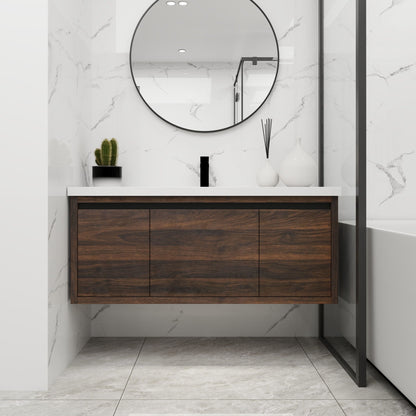 Floating Bathroom Vanity with Resin Sink and Soft-Close Doors - Wood