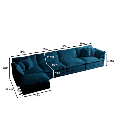 Modular U Shaped 5-Seater Sectional Sofa with Ottoman - Blue Chenille
