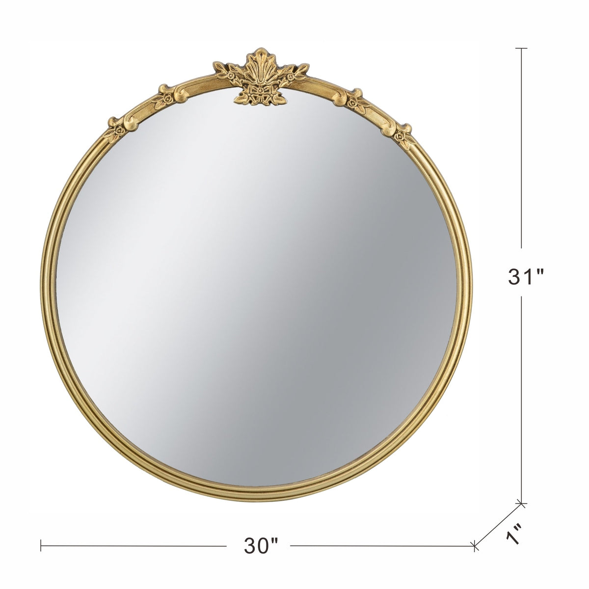 Round Wall Mirror with Decorative Leaf Crest - Gold