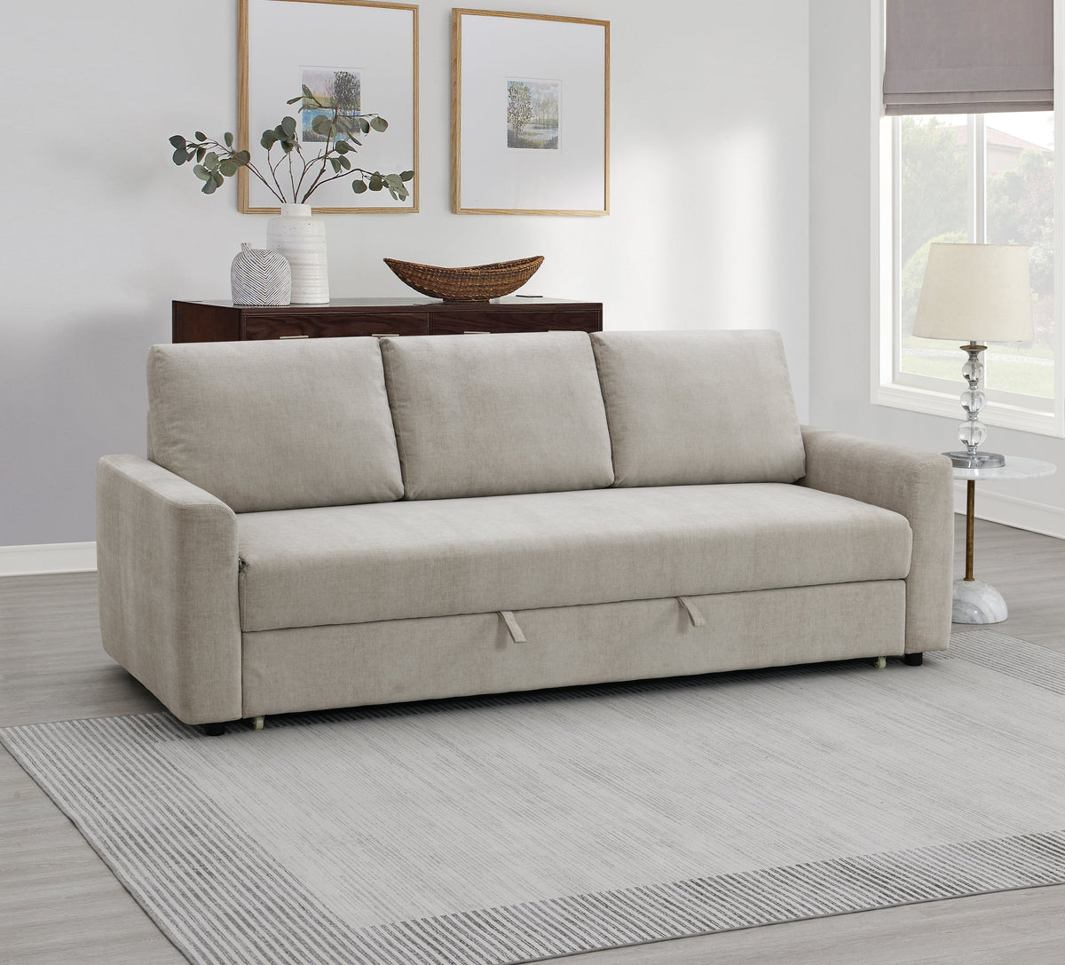 Leira Beige Linen Pull Out Sleeper Sofa with Plush Cushions - Beige