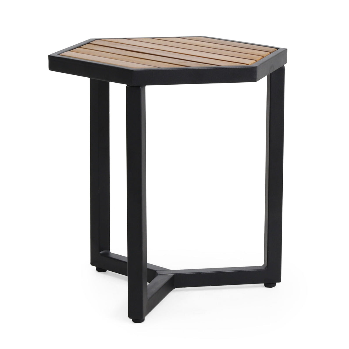 Outdoor Side Table with Iron Base and Wooden Slatted Top - Brown