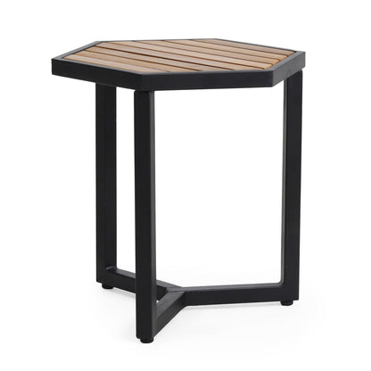 Outdoor Side Table with Iron Base and Wooden Slatted Top - Brown