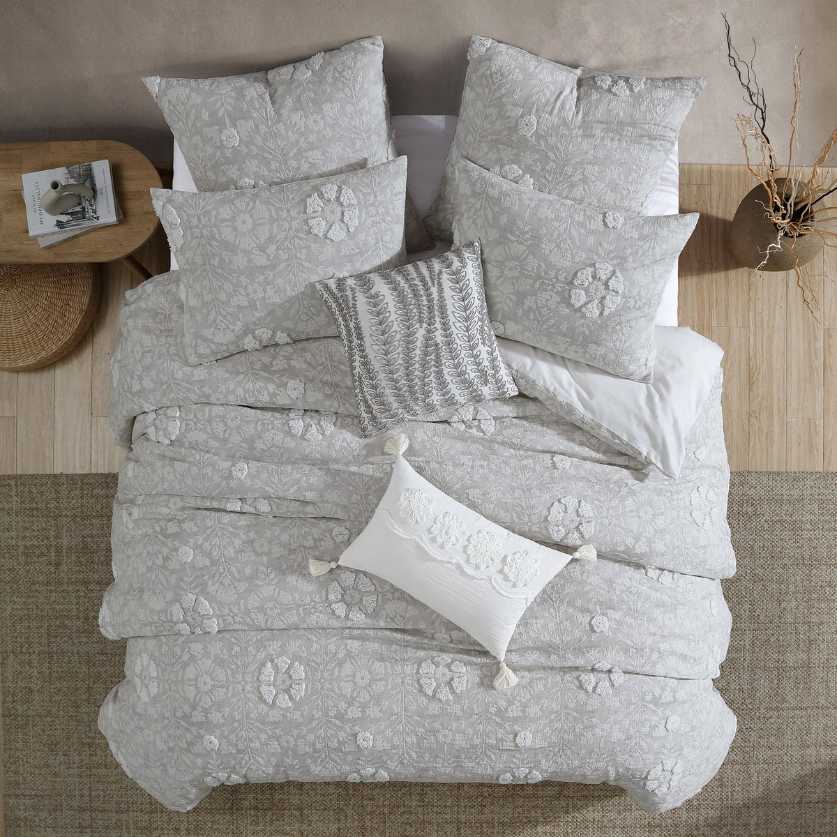 Textured Woven Jacquard Comforter Set with Cotton Face - Gray