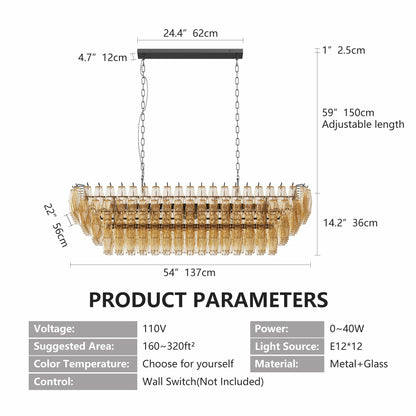 54-Inch Black Rectangular 12-Light Chandelier with Smoke Glass - Black