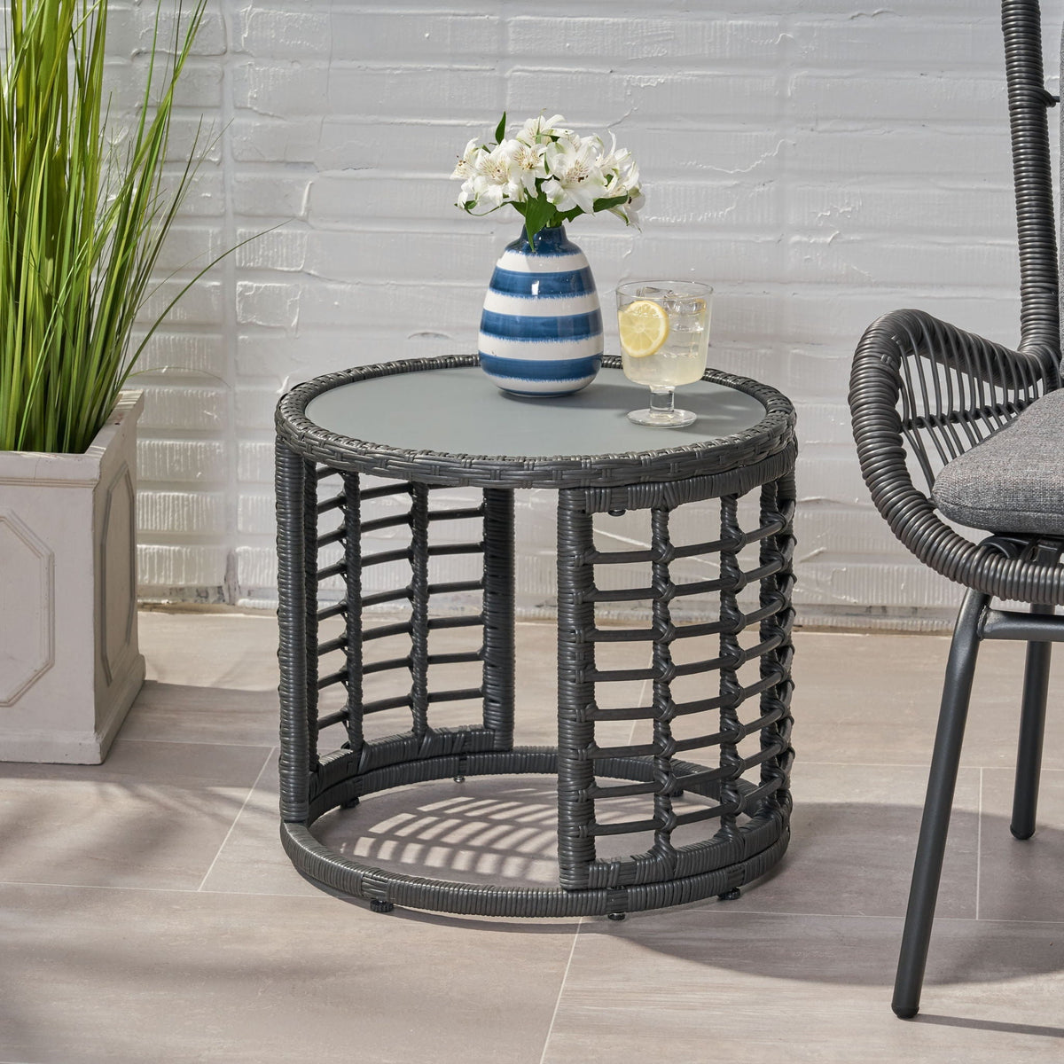 Achill Outdoor Boho Wicker Side Table with Glass Top - Gray