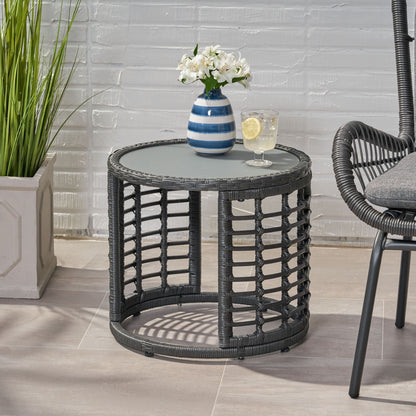 Achill Outdoor Boho Wicker Side Table with Glass Top - Gray
