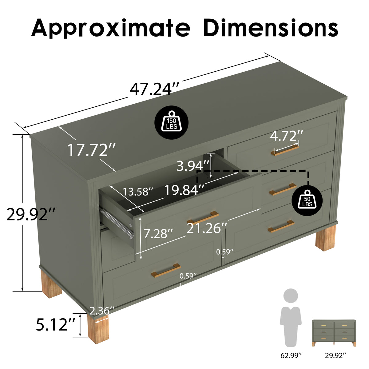 6-Drawer Double Dresser with Solid Wood Legs - Olive