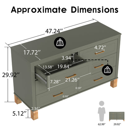 6-Drawer Double Dresser with Solid Wood Legs - Olive