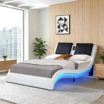 Platform Bed Frame with LED Lighting, Bluetooth & Massage - Faux Leather