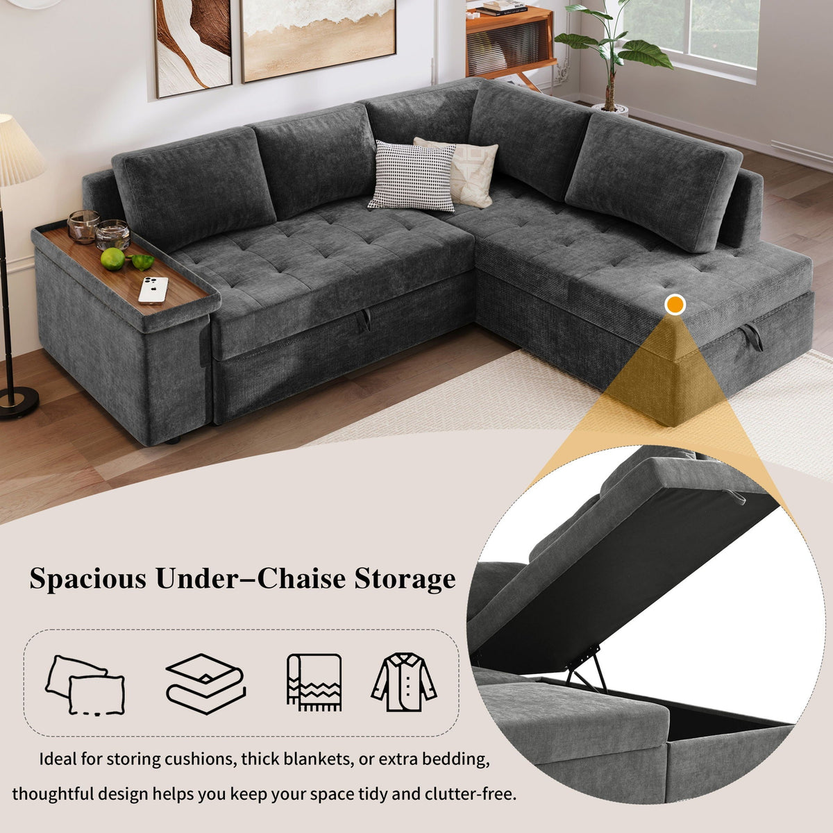 L Shaped Sleeper Sectional Sofa with Pull Out Bed and Storage - Dark Gray