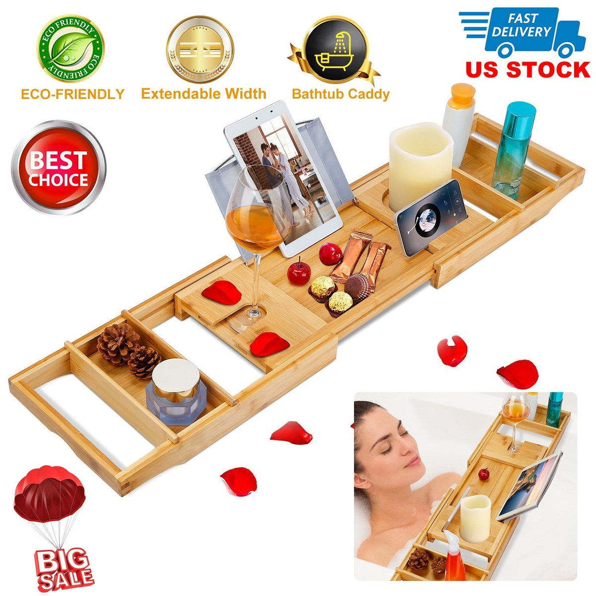 Bathtub Caddy Tray Crafted Bamboo Bath Tray Table Extendable Reading Rack Tablet Phone Holder Wine Glass Holder Shelf Desk Bathroom Spa