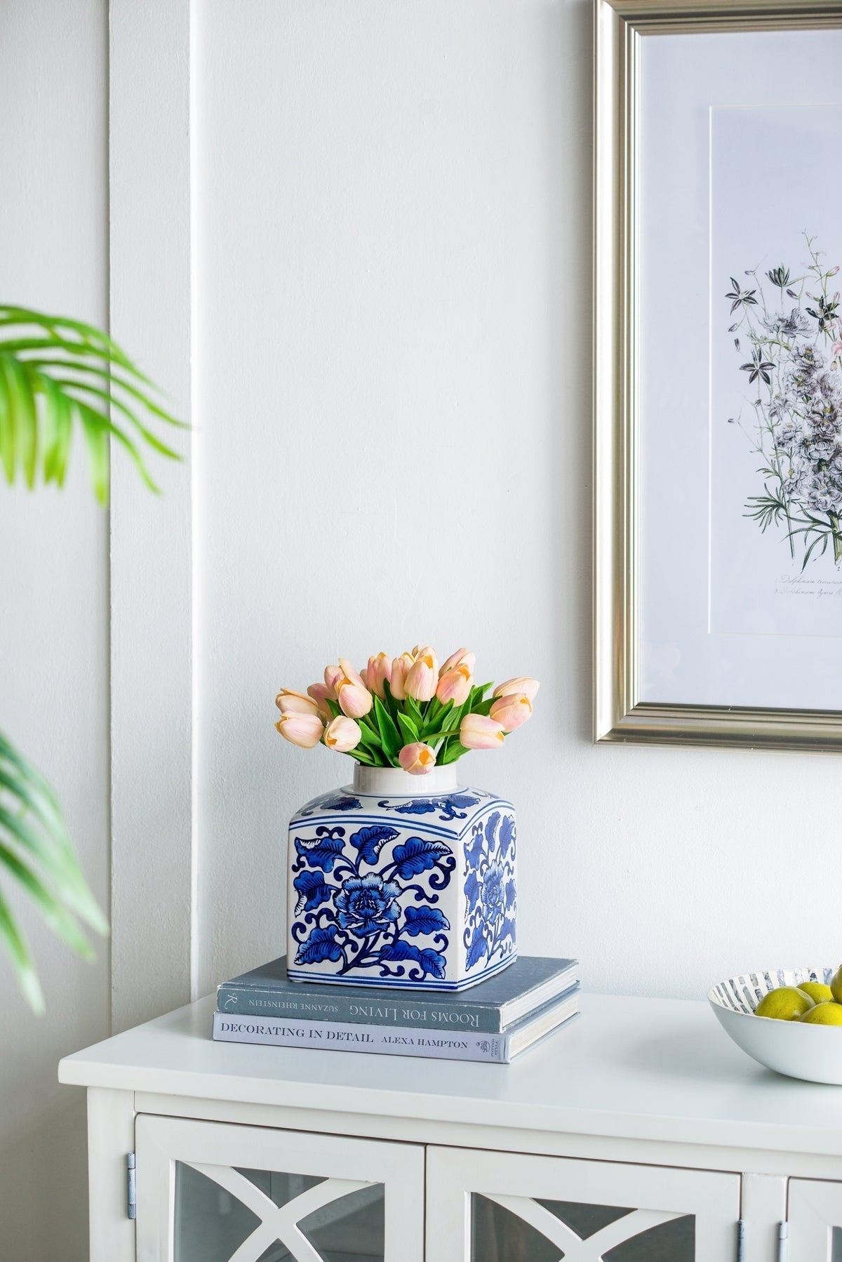 Hand Painted Square Ceramic Canister with Blue Floral Pattern - White & Blue