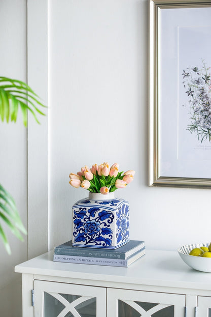 Hand Painted Square Ceramic Canister with Blue Floral Pattern - White & Blue