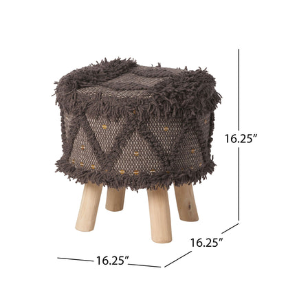 Handcrafted Wool & Cotton Foot Stool with Eucalyptus Frame - Dark Brown