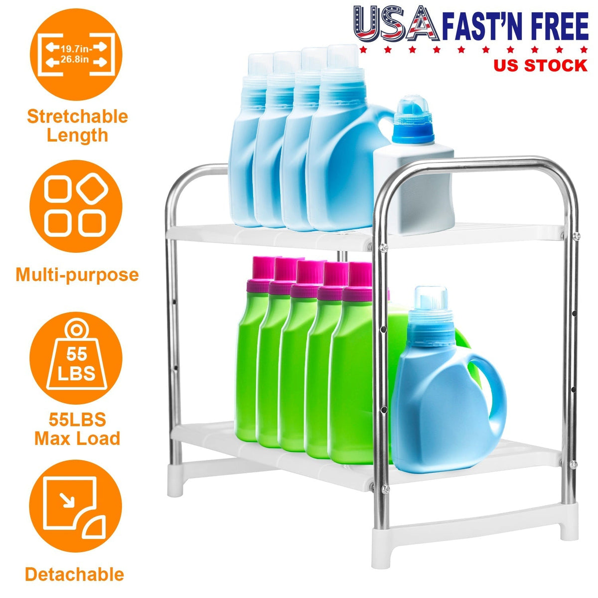 2 Tier Under Sink Organizer Retractable Kitchenware Rack Holders Space Saving Storage Shelf 55LBS Max Load