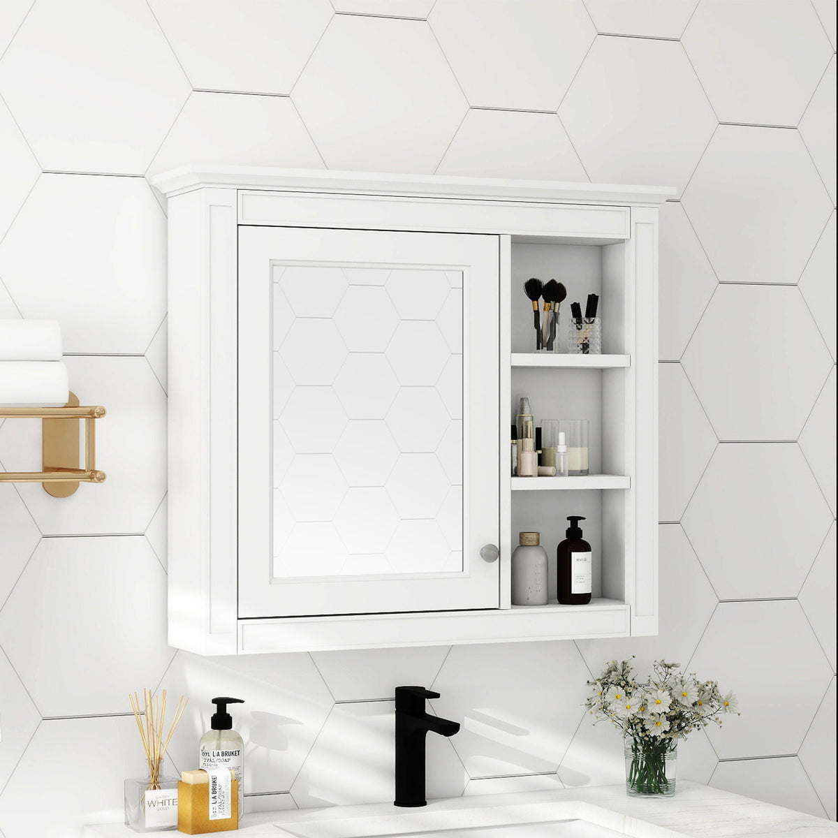 Wall Mounted Medicine Cabinet with Mirror and 3 Open Shelves - Multiple Colors
