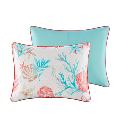 Cotton Sateen Comforter Set with Coastal Motifs - Coral