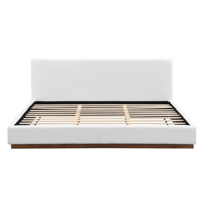 Elegant Boucle Upholstered Bed With Wood Grain Base Frame
