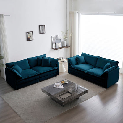 Blue Chenille Sofa Set with Solid Wood Frame - 2 Piece