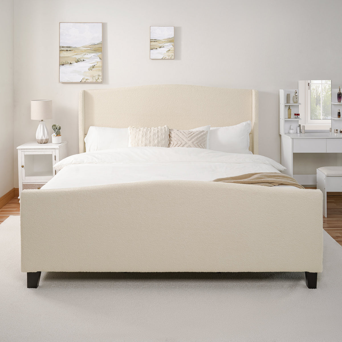 King Size Bed Frame with Upholstered Teddy Velvet Headboard - White