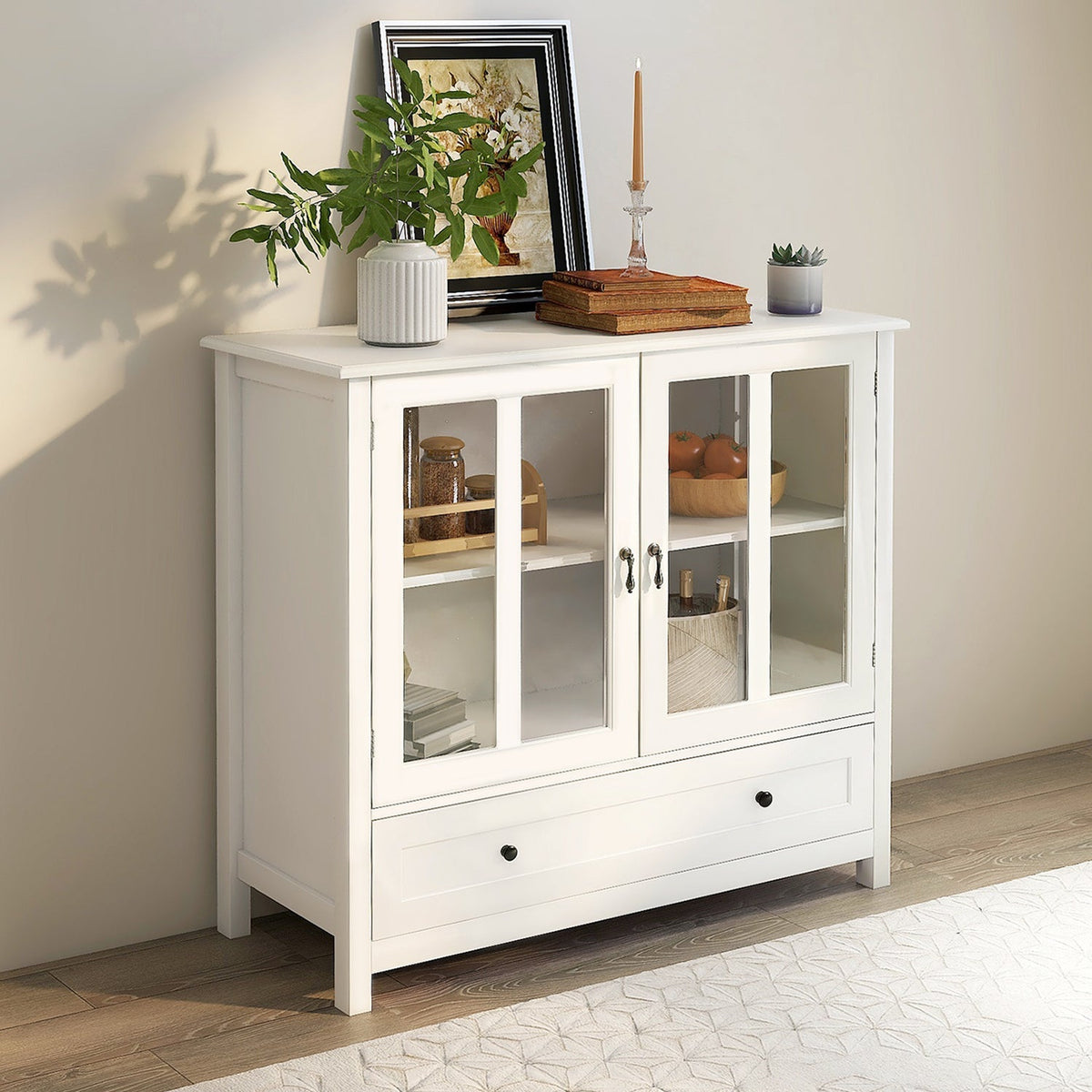 Buffet Storage Cabinet with Double Glass Doors and Bell Handle - White