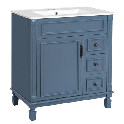 Bathroom Vanity with Ceramic Sink and Storage - White or Blue