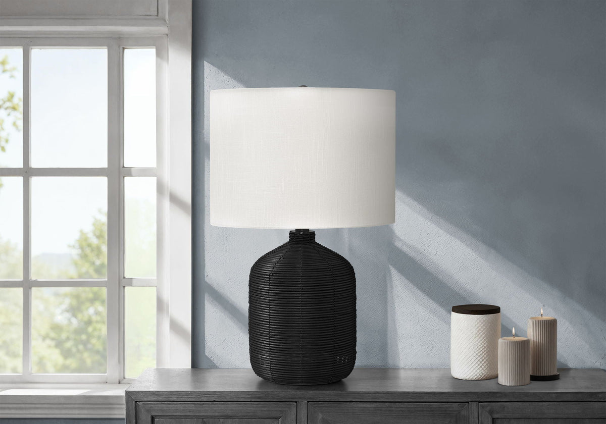 Modern Rattan Table Lamp with Fabric Shade - Light Brown or Black