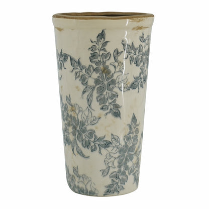 Ceramic Flower Vase with Wide Mouth - Distressed White & Black