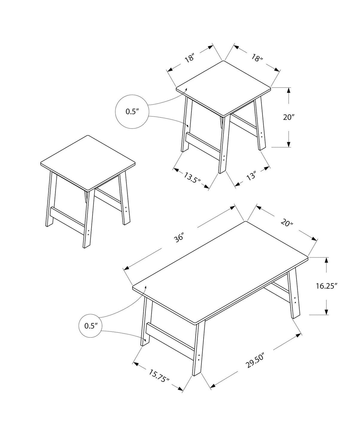 Wood Table Set of 3 with Coffee Table and End Tables - Multiple Colors