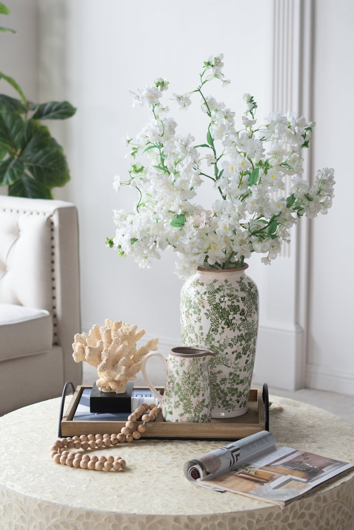 White Ceramic Flower Vase with Green Floral Pattern - 14.6 In