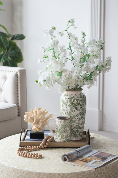 White Ceramic Flower Vase with Green Floral Pattern - 14.6 In