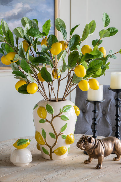 White Ceramic Lidded Jar with Playful Lemon Design - 15" Tall