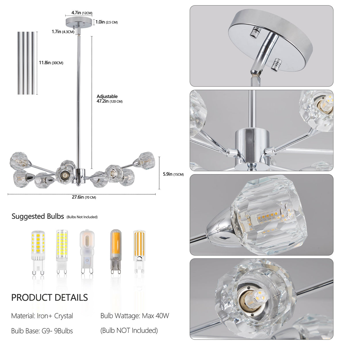 28" Modern Crystal Chandelier with 9 Lights - Chrome