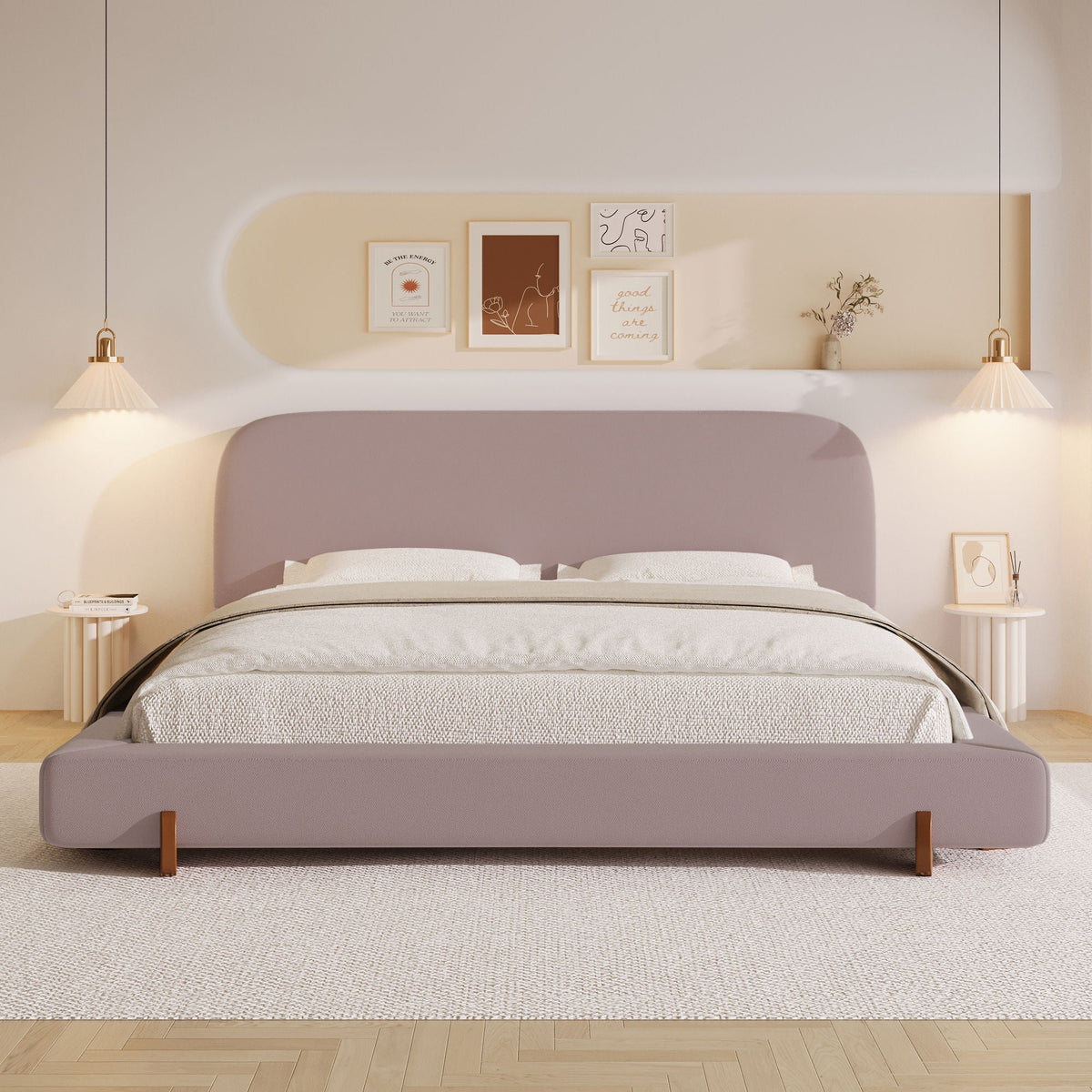 Elegant Upholstered Bed Frame with Solid Wood Legs - Pink or White