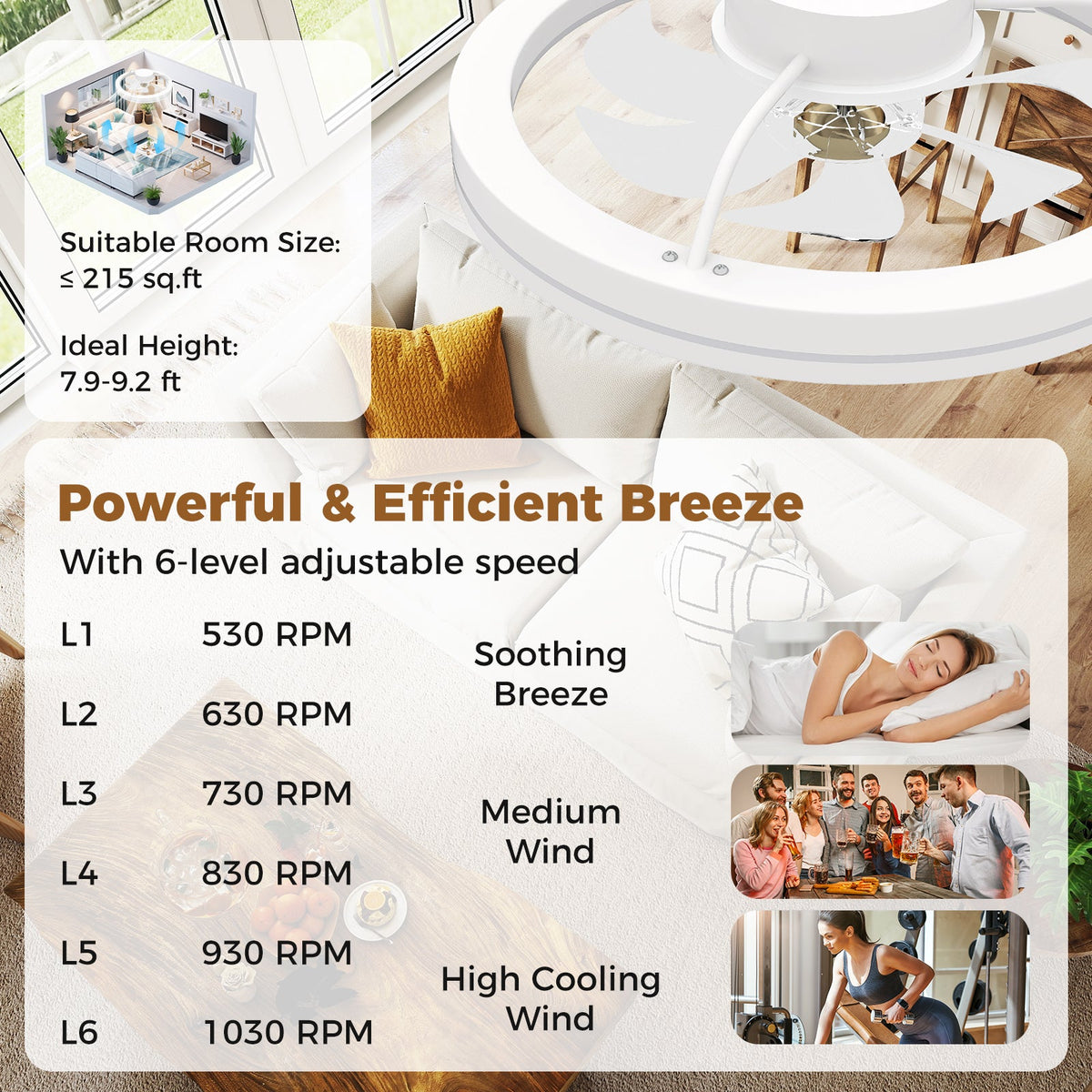 19 Inch Ceiling Fan Low Profile Flush Mount Fan with 3000-6500K Dimmable LED-White