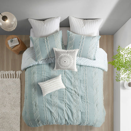 Cotton Jacquard Comforter Set with Reversible Design - Aqua