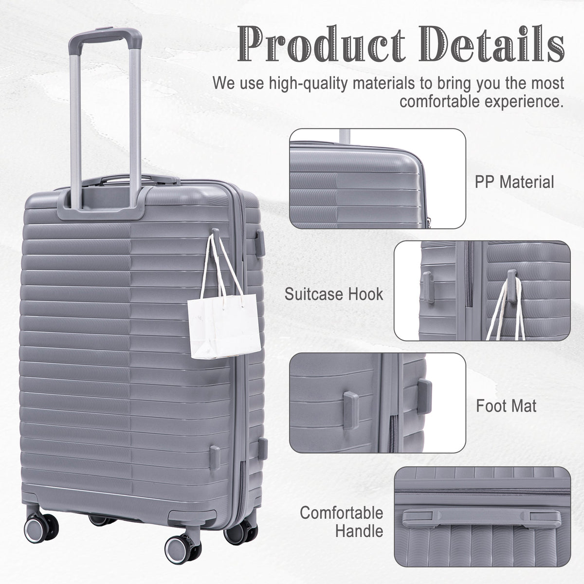 4-Piece Polypropylene Luggage Set with Spinner Wheels and Cosmetic Case - Light Gray