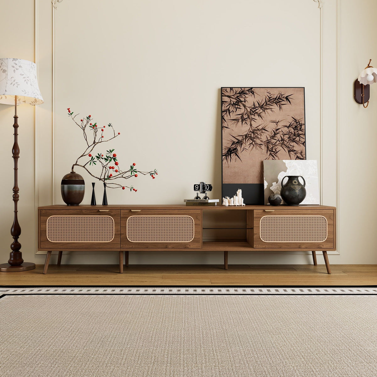 78" Walnut TV Stand With Ample Storage And Open Shelving