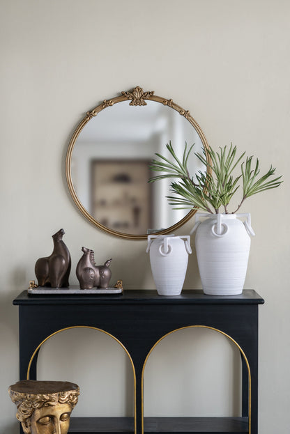 Round Wall Mirror with Decorative Leaf Crest - Gold