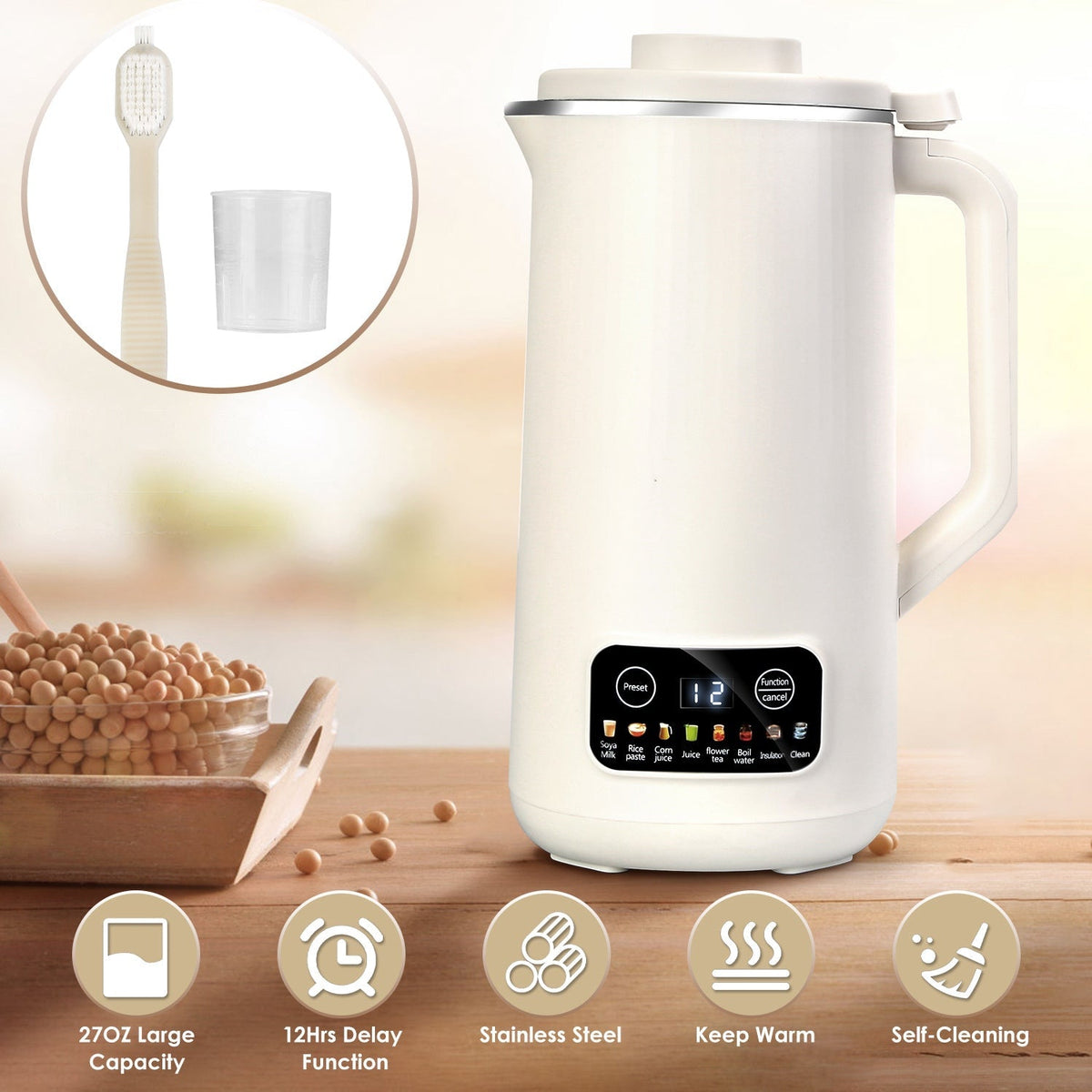 27OZ Nut Milk Maker with 12Hours Delay Function Self-Cleaning Keep Warm Automatic Soy Milk Maker Machine for Homemade Soya Milk Rice Paste Juice Corn