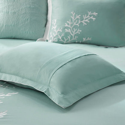 Oversized Cotton Jacquard Comforter Set with Coral Embroidery – Aqua